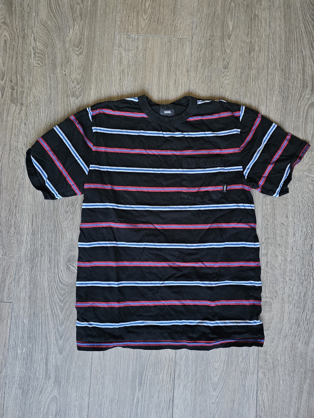 Vans Black Tee with Red & Light Blue Stripes
